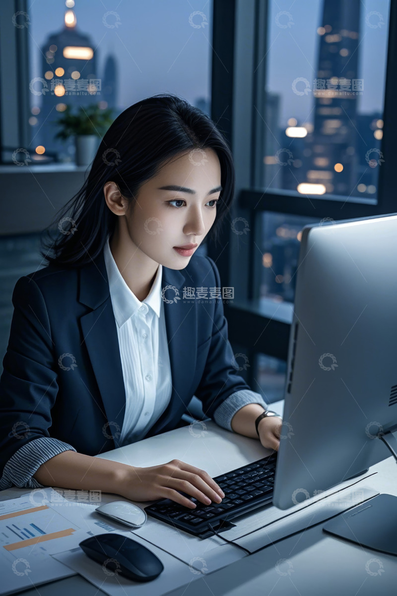 高清大图下载【趣麦麦图】女商人夜晚办公使用电脑