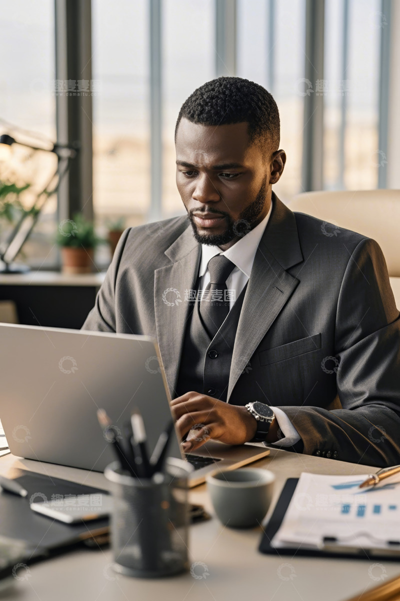 高清大图下载【趣麦麦图】非洲裔商人办公使用笔记本电脑