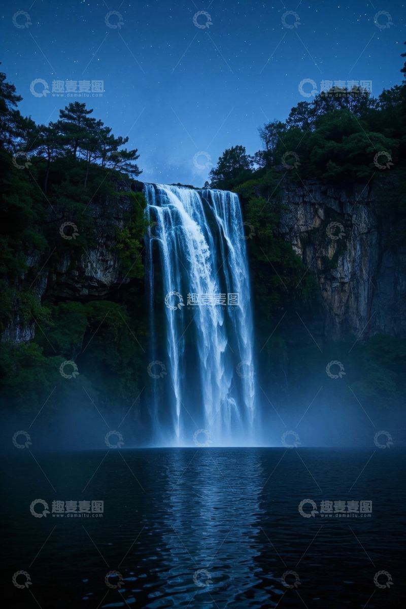 高清大图下载【趣麦麦图】夜幕下的瀑布自然风光