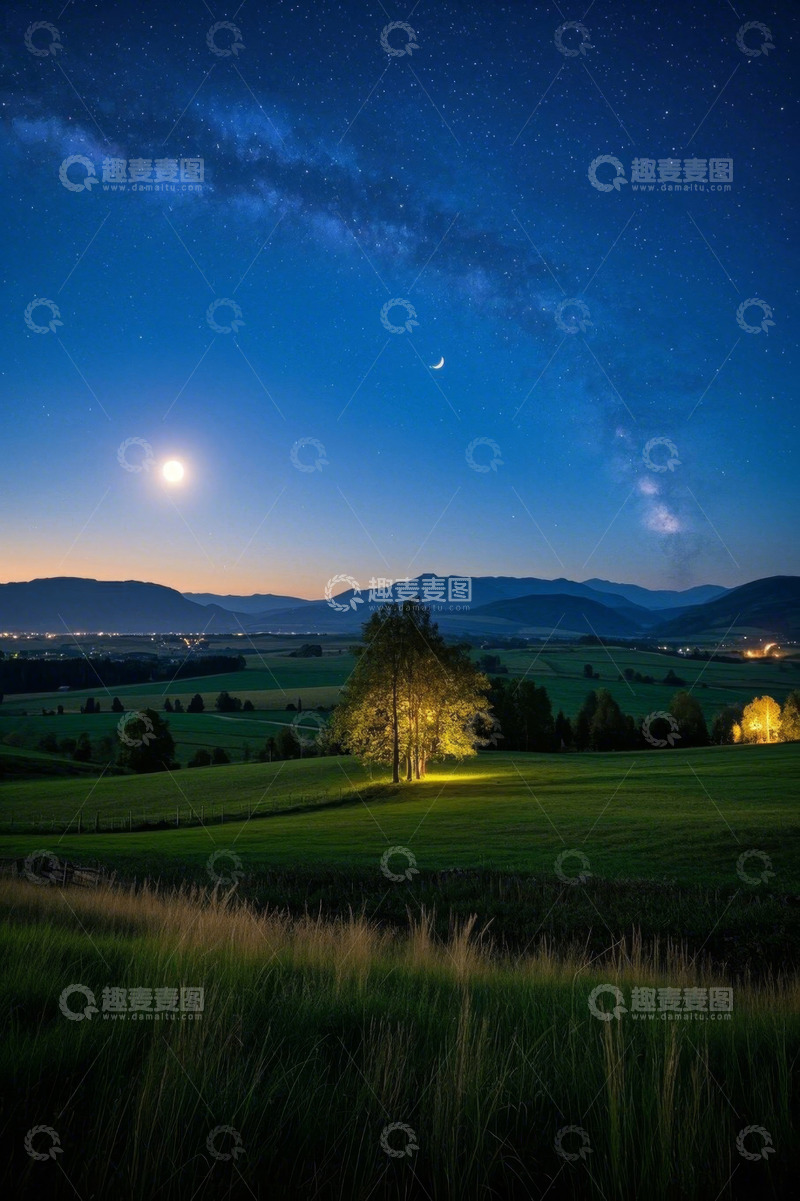 高清大图下载【趣麦麦图】月夜下的田园星空景象