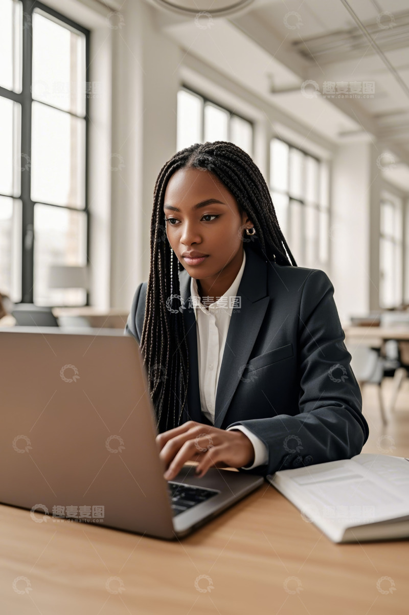 高清大图下载【趣麦麦图】非洲裔女商人办公使用笔记本电脑