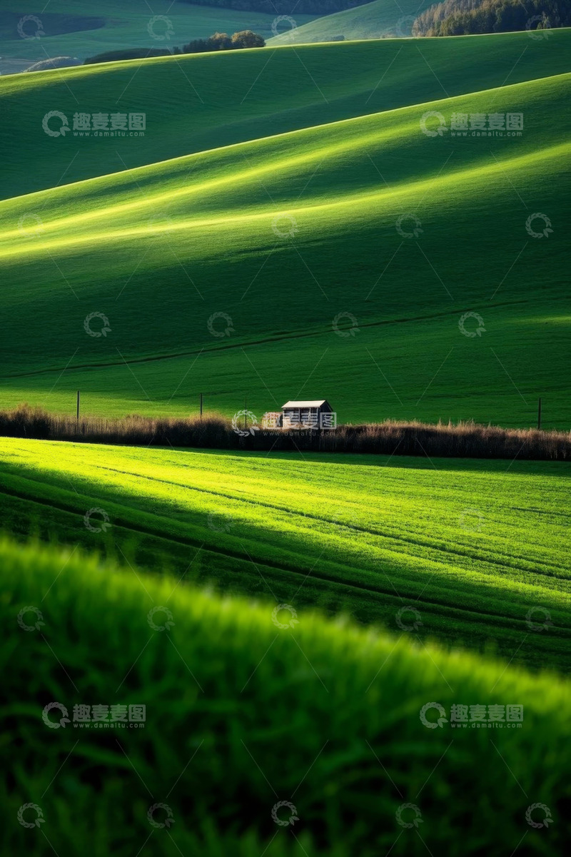 高清大图下载【趣麦麦图】绿色田野中的小屋景观