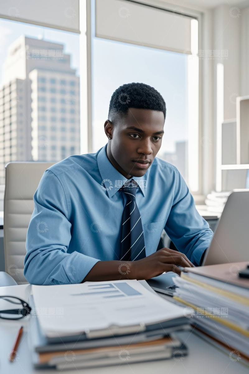 高清大图下载【趣麦麦图】非洲裔职员办公使用笔记本电脑