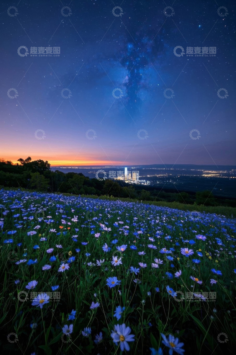 高清大图下载【趣麦麦图】星空下的蓝色花海与城市夜景