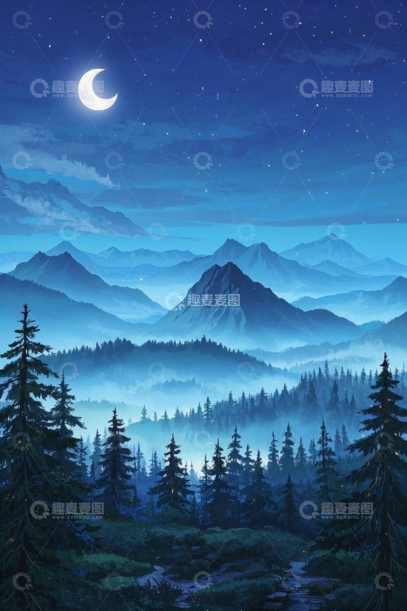 高清大图下载【趣麦麦图】月夜下的山林与连绵山脉