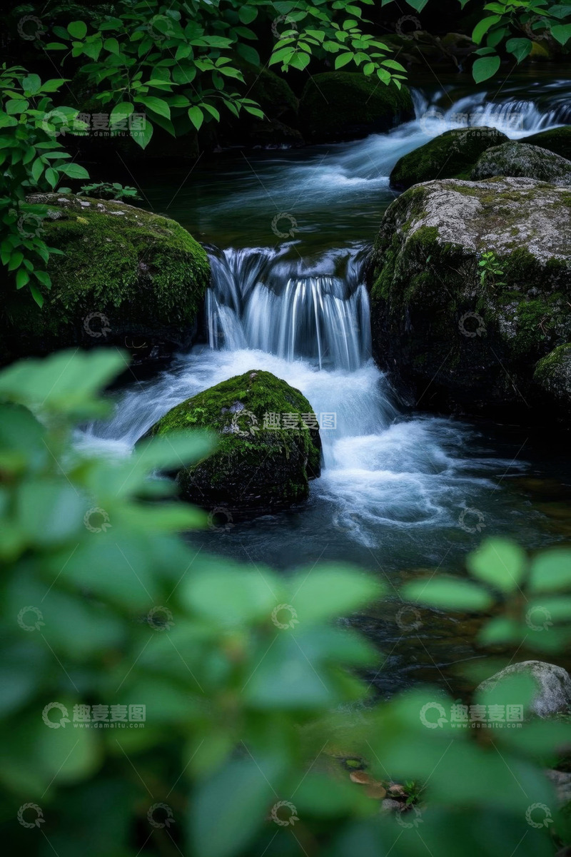 高清大图下载【趣麦麦图】山间溪流与苔藓覆盖的岩石