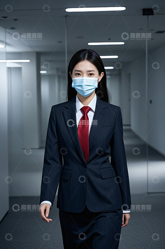 戴口罩的职业女性在走廊行走