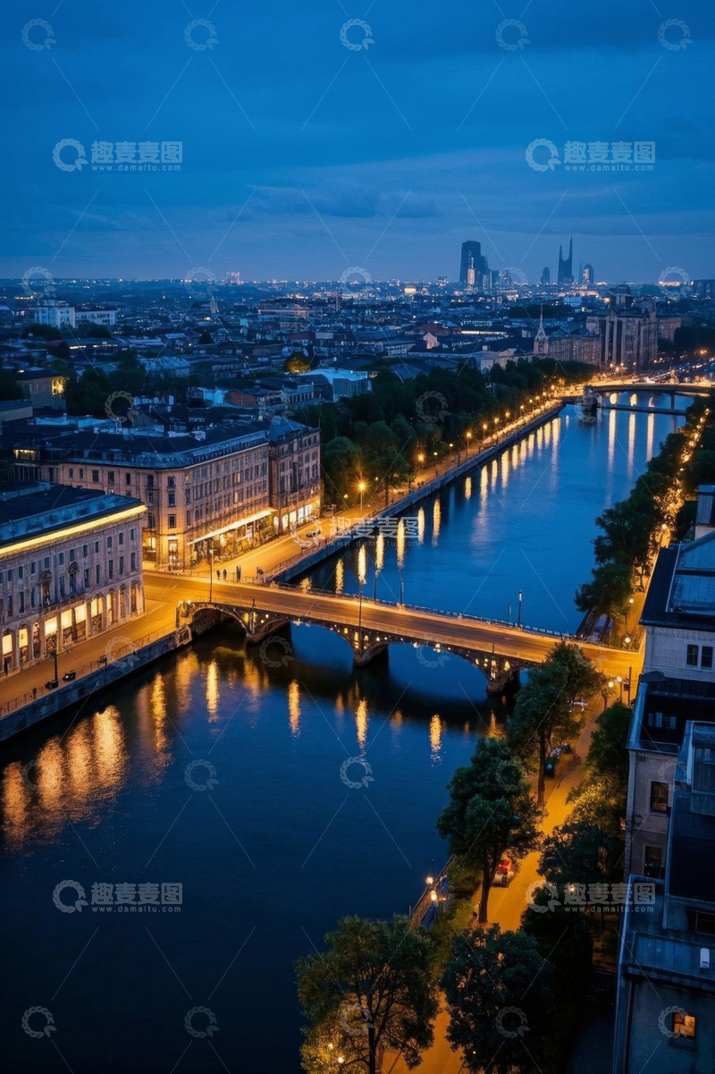 高清大图下载【趣麦麦图】城市河畔夜景俯瞰