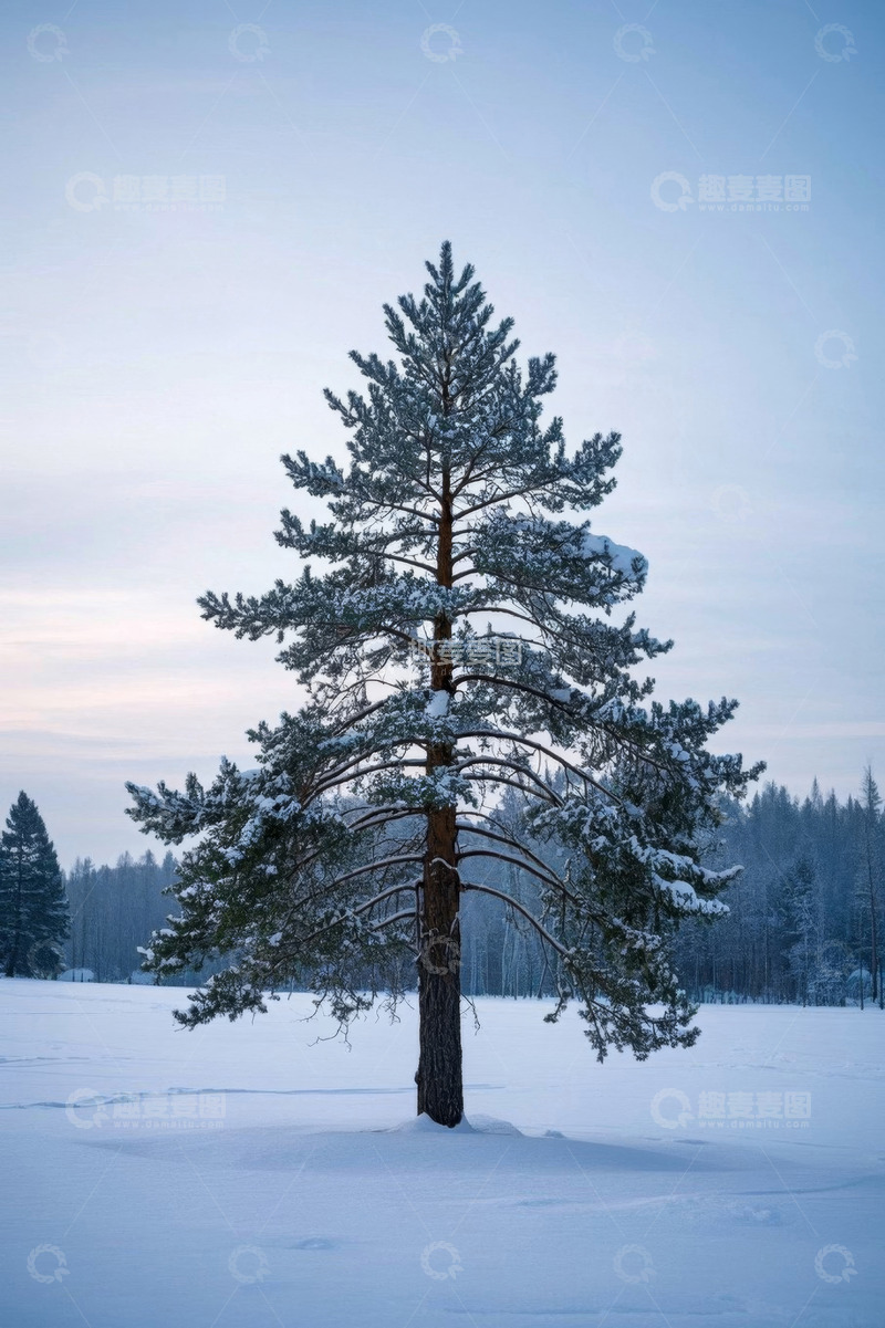 高清大图下载【趣麦麦图】雪地中孤立的松树