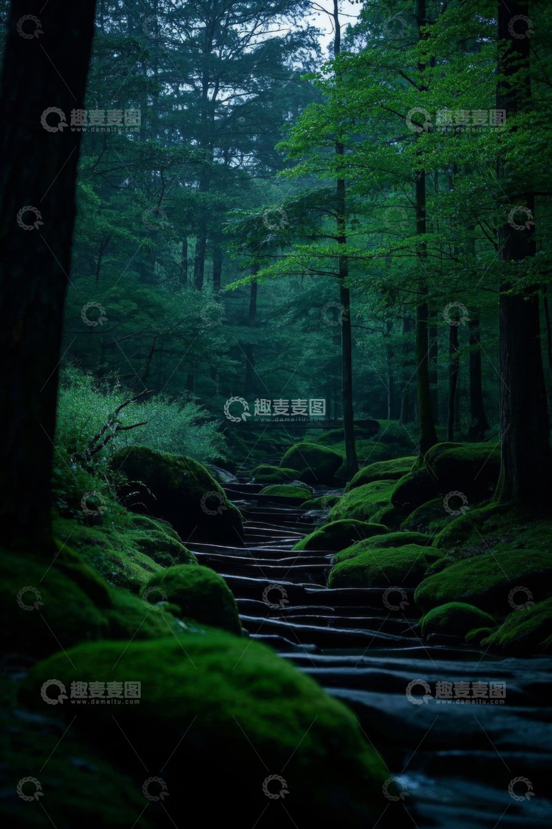 高清大图下载【趣麦麦图】森林中布满青苔的石板小径