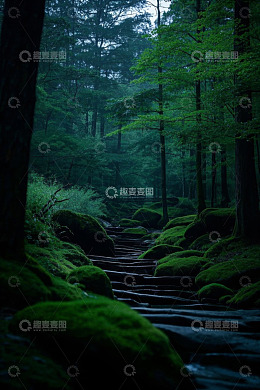 森林中布满青苔的石板小径