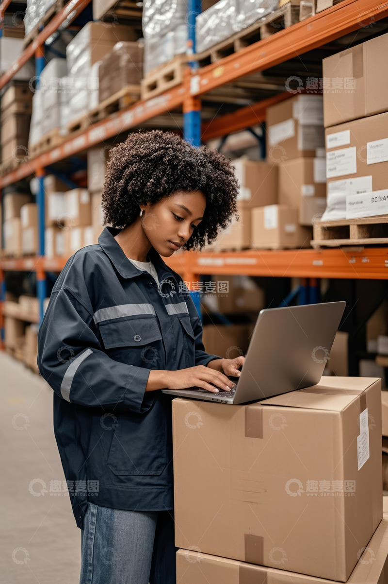 高清大图下载【趣麦麦图】仓库工人使用笔记本电脑办公