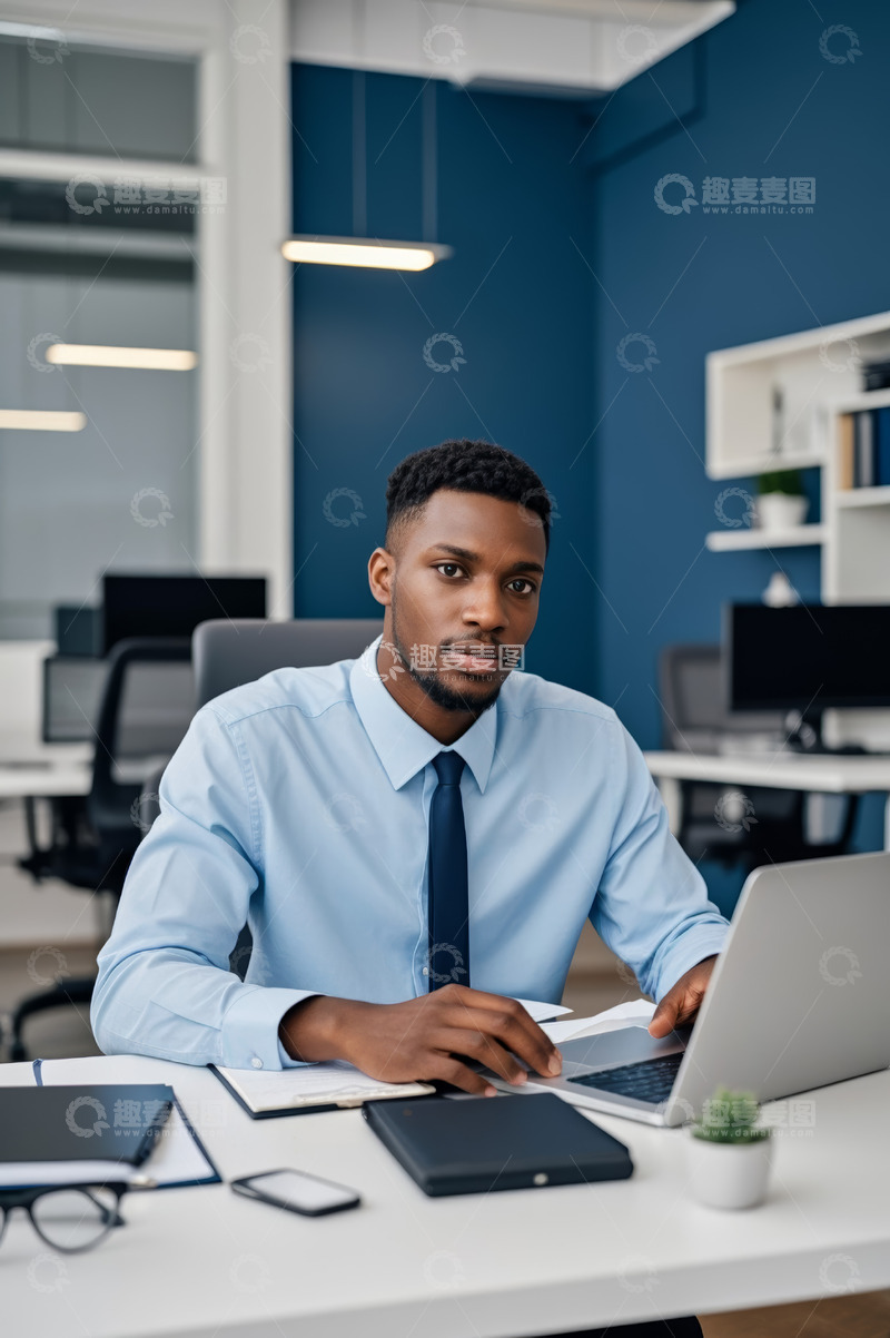高清大图下载【趣麦麦图】非洲裔职员办公使用笔记本电脑