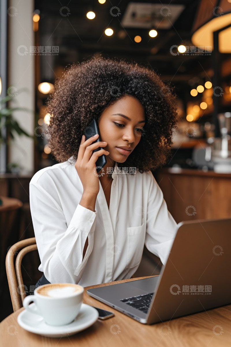 高清大图下载【趣麦麦图】女性咖啡厅用手机办公场景
