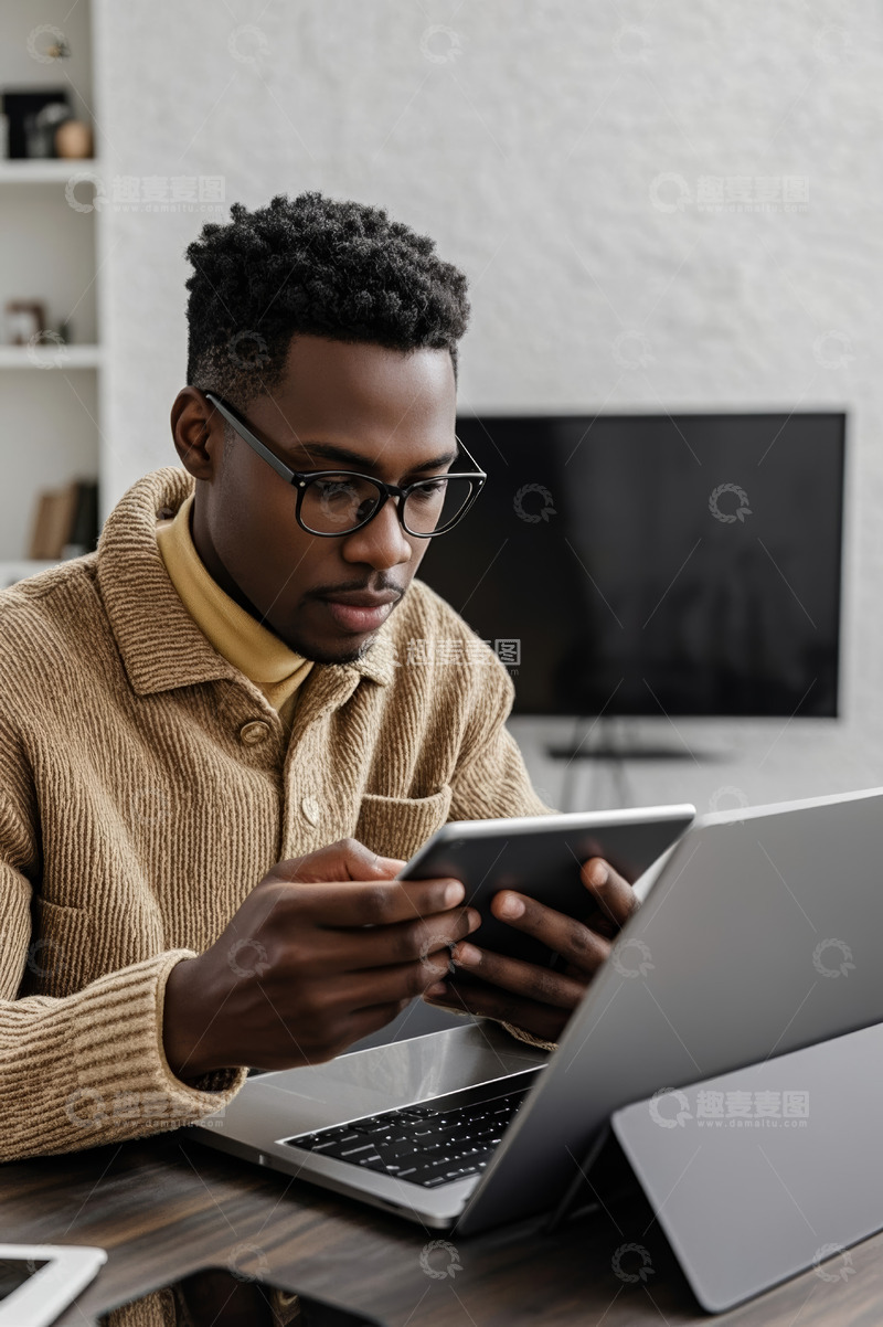高清大图下载【趣麦麦图】非洲男人居家使用平板和电脑