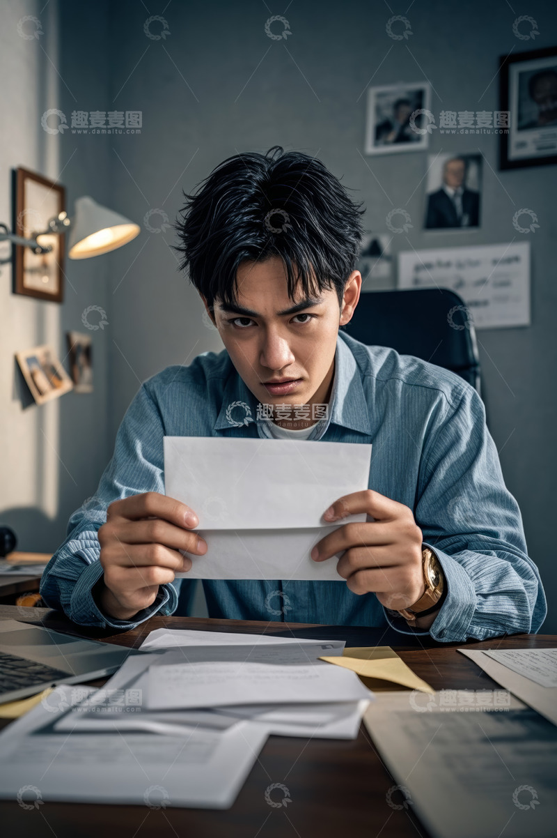 高清大图下载【趣麦麦图】男子办公桌前查看信封