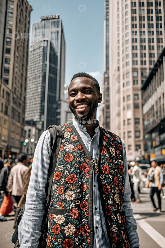 城市街头微笑的非洲裔男子