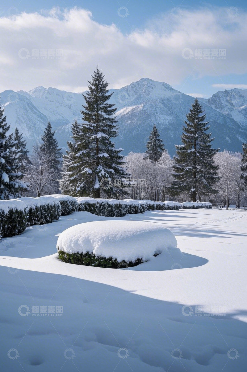 高清大图下载【趣麦麦图】雪景中的远山与雪松景观