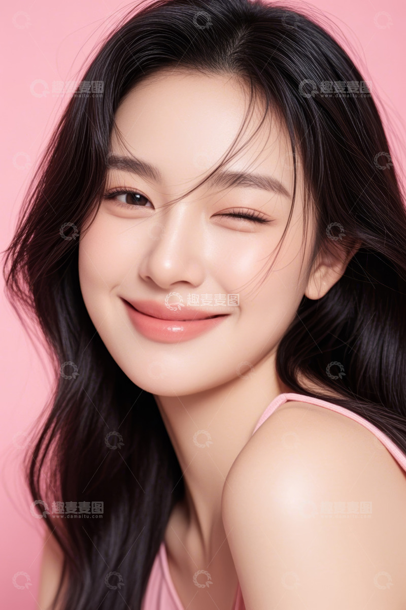 高清大图下载【趣麦麦图】亚洲女性粉色背景眨眼特写