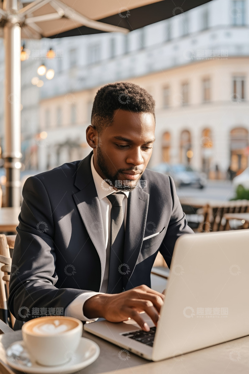 高清大图下载【趣麦麦图】西装男子户外咖啡馆使用笔记本电脑