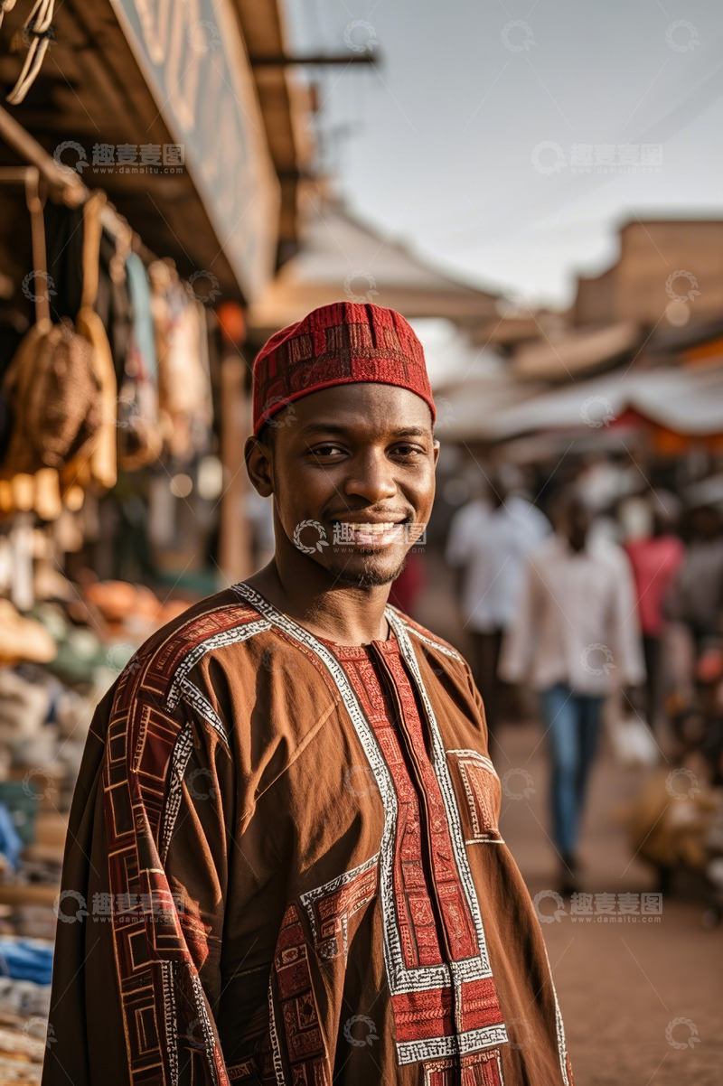 高清大图下载【趣麦麦图】非洲男子身着传统服饰站在集市