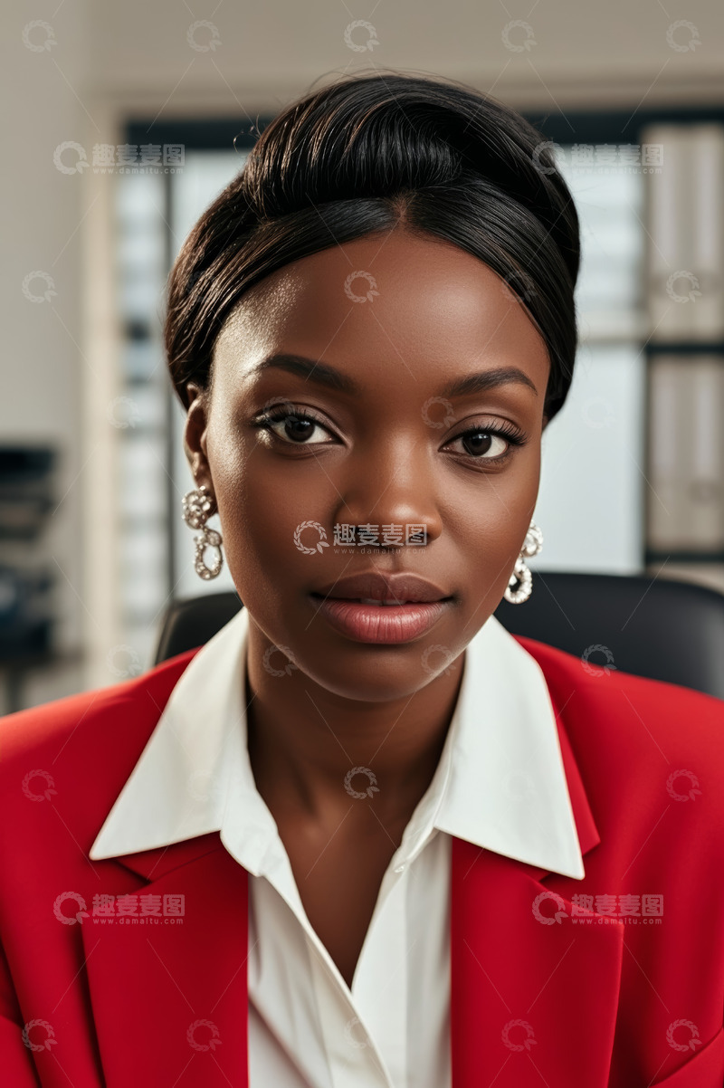高清大图下载【趣麦麦图】身着红西装的非洲裔女性肖像