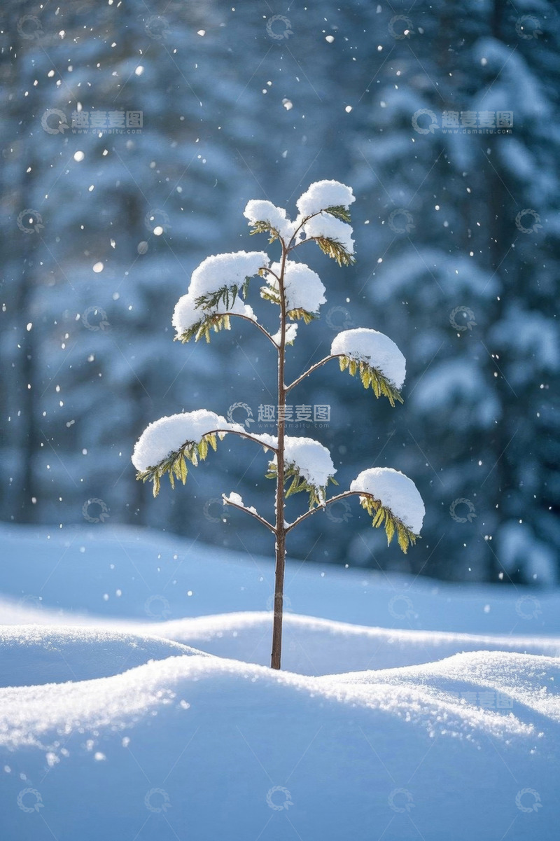 高清大图下载【趣麦麦图】雪中的幼树自然景象