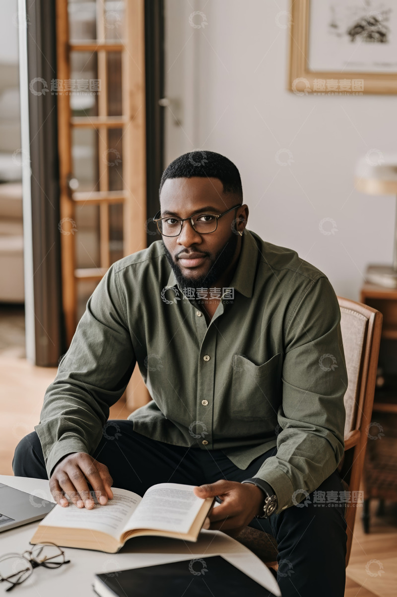 高清大图下载【趣麦麦图】黑人男子室内专注阅读书籍