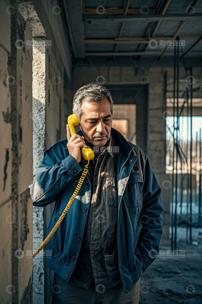 高清大图下载【趣麦麦图】男人在未完工建筑内打电话