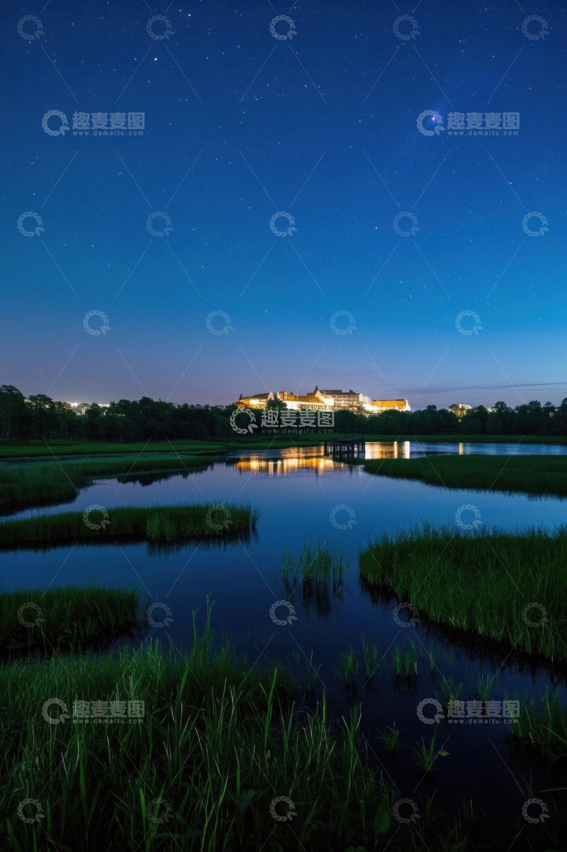 高清大图下载【趣麦麦图】夜晚湖畔星空与远处建筑景观