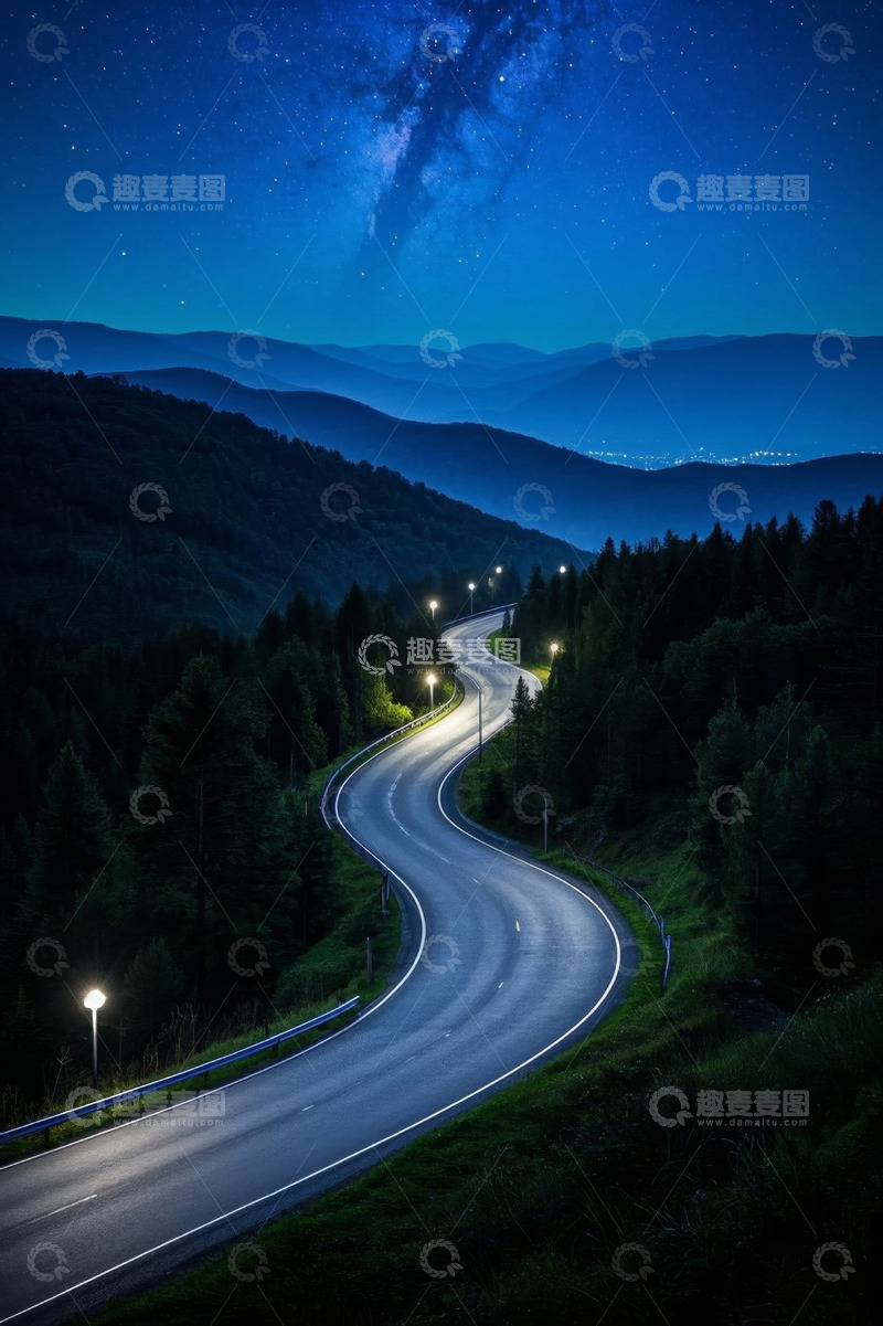 高清大图下载【趣麦麦图】山间公路夜景星空