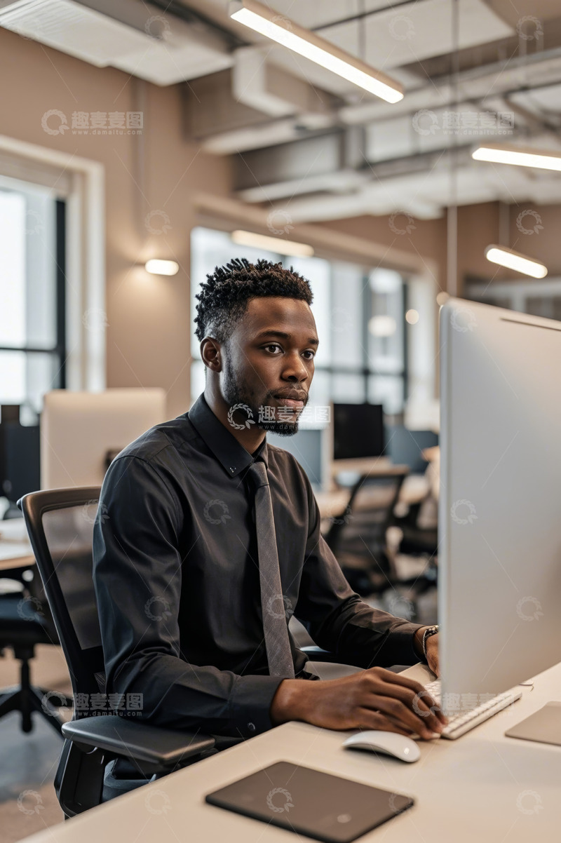 高清大图下载【趣麦麦图】非洲裔职员办公室电脑前工作