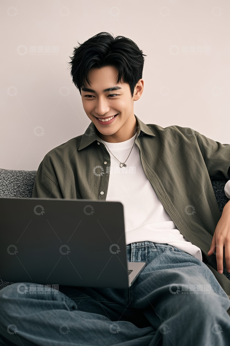 高清大图下载【趣麦麦图】男子沙发上使用笔记本电脑