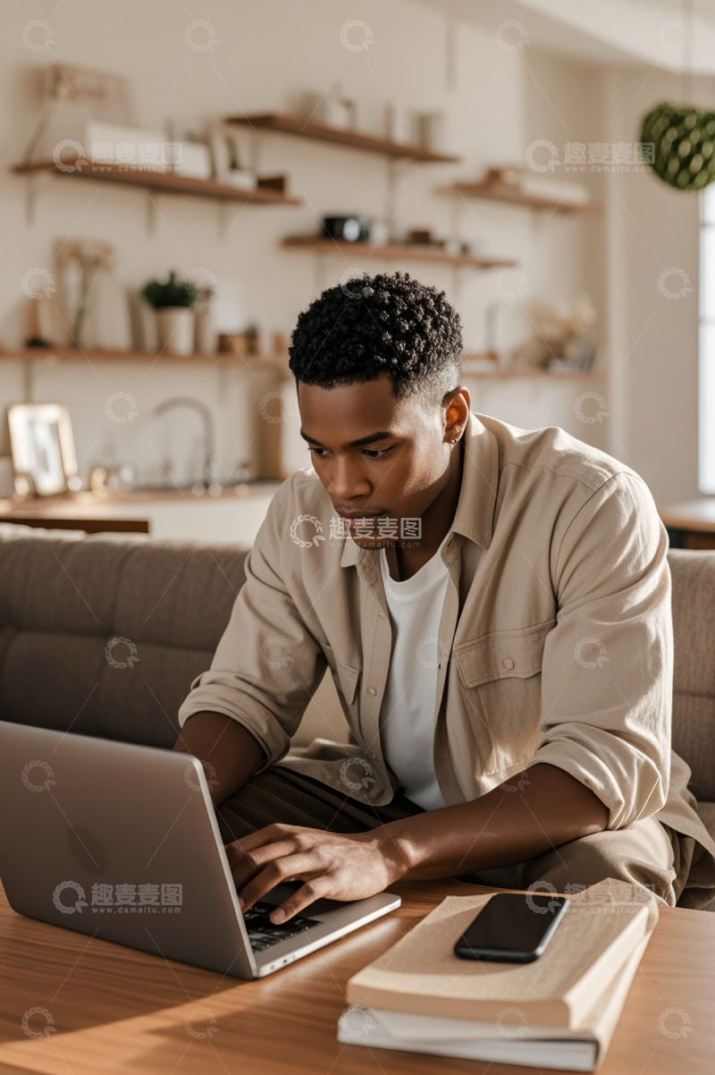 高清大图下载【趣麦麦图】男子室内沙发前使用笔记本电脑