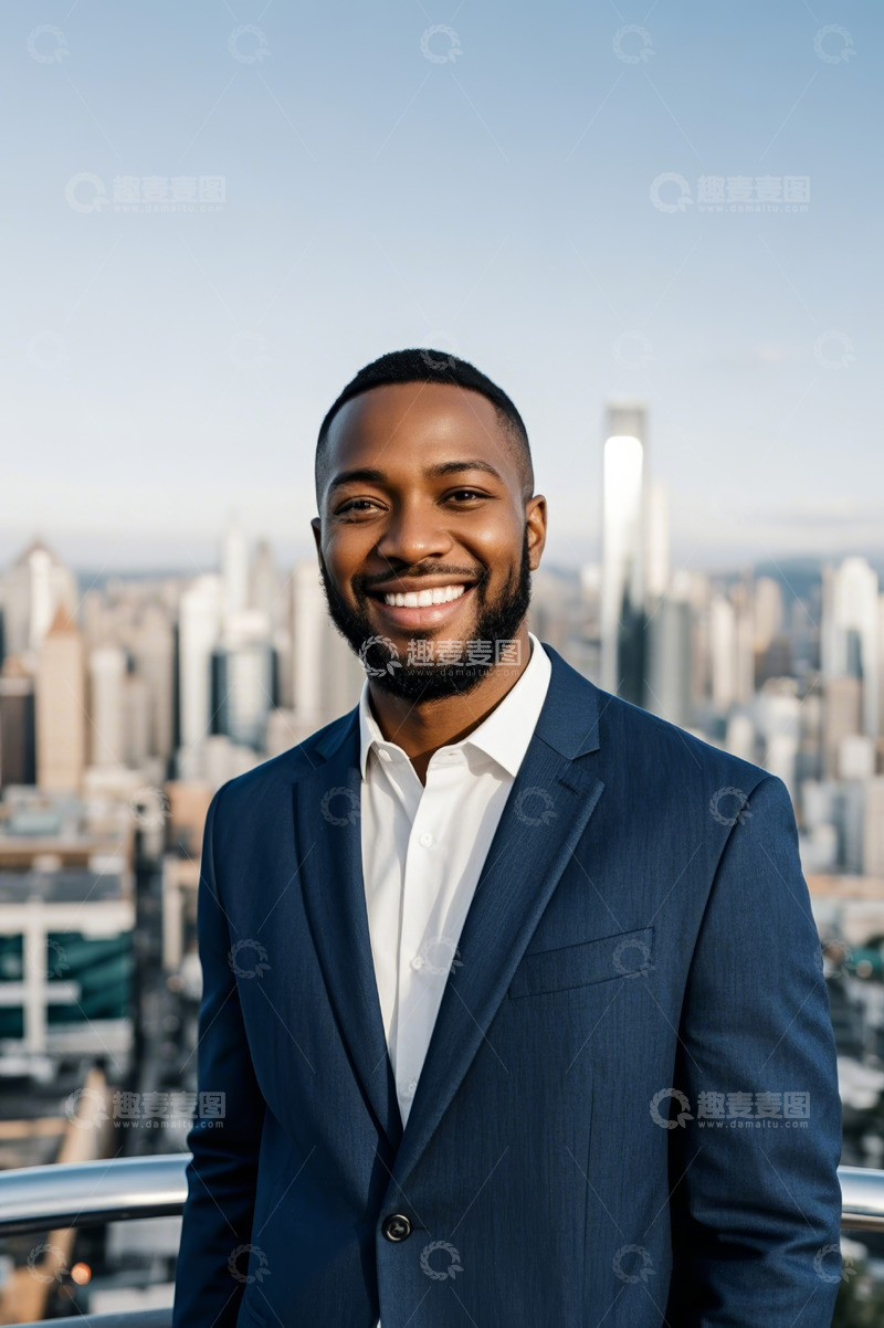 高清大图下载【趣麦麦图】身着西装微笑的男士城市背景照