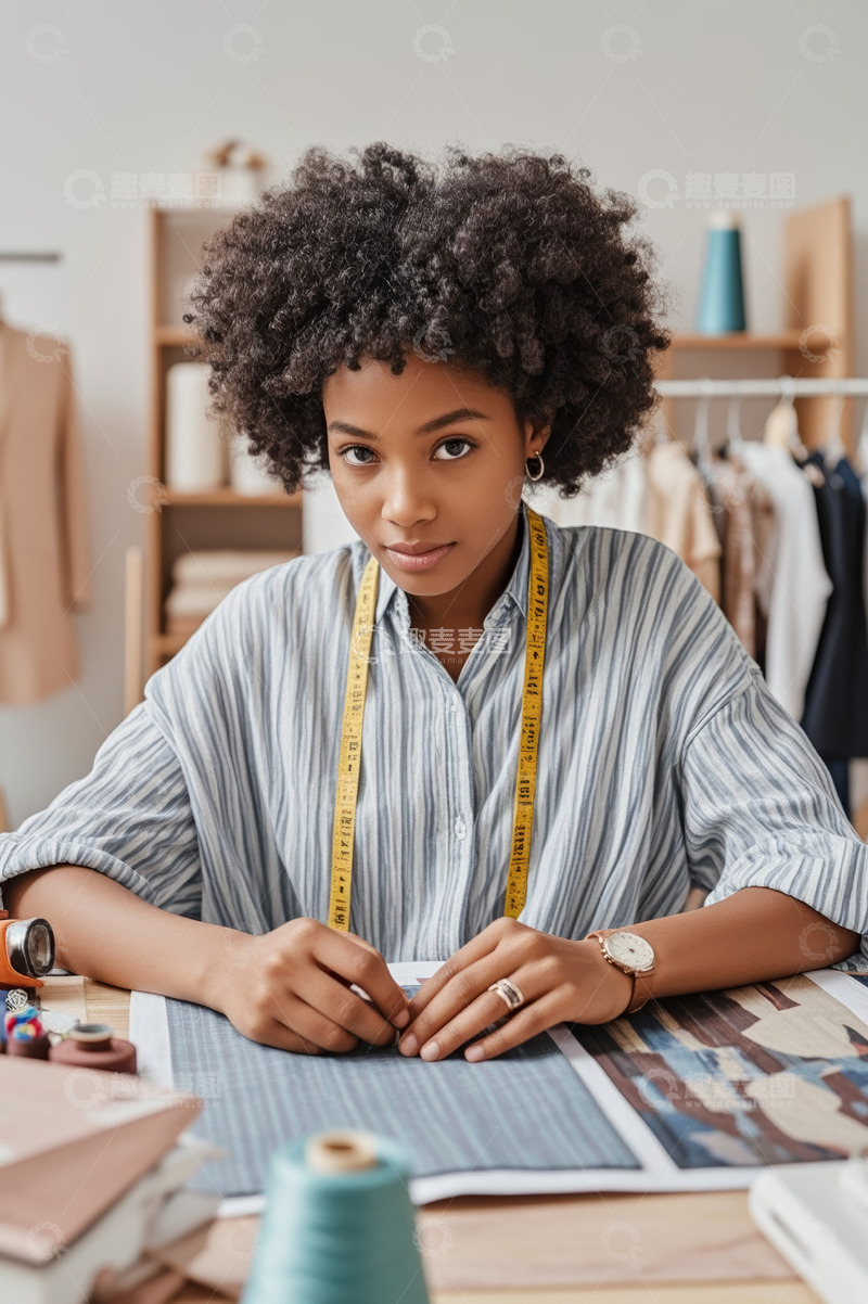 高清大图下载【趣麦麦图】黑人女性裁缝专注工作场景