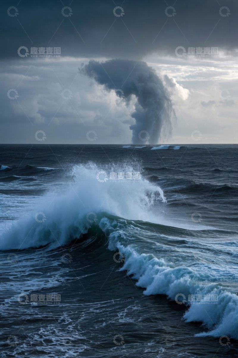 高清大图下载【趣麦麦图】海上风暴中的大浪与水柱景象