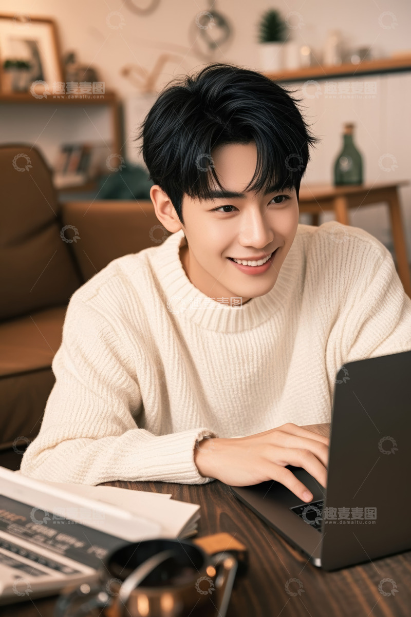 高清大图下载【趣麦麦图】居家男子使用笔记本电脑