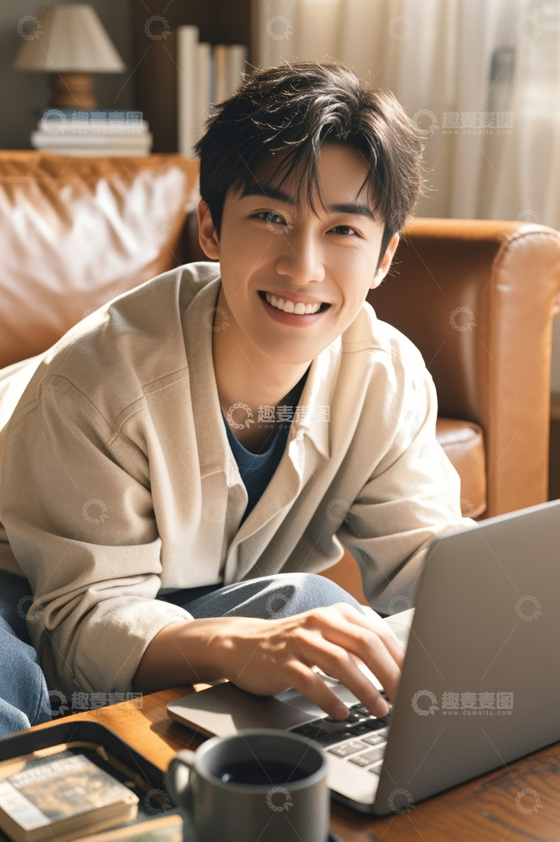 高清大图下载【趣麦麦图】年轻男子居家使用笔记本电脑