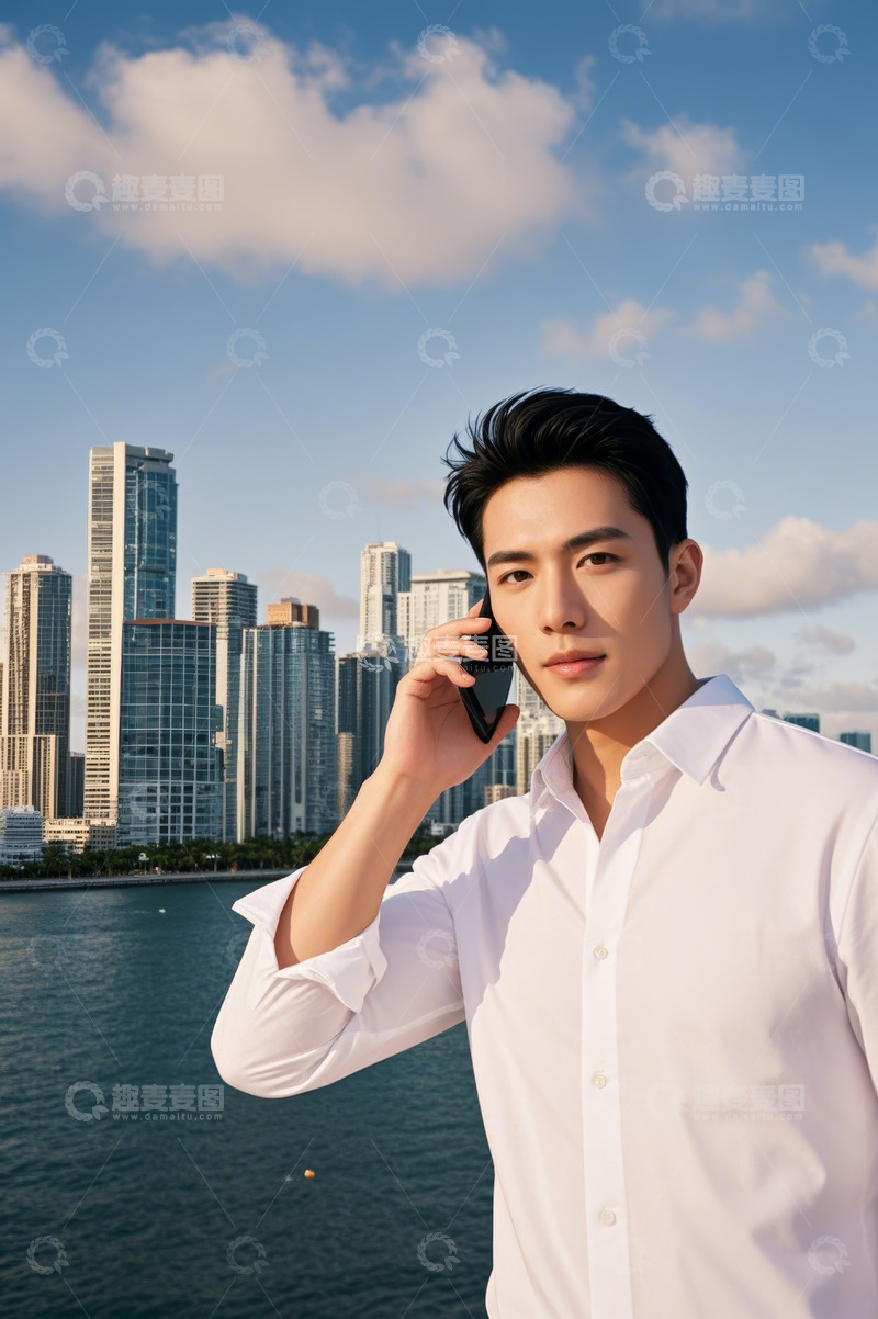 高清大图下载【趣麦麦图】男士水边城市背景打电话