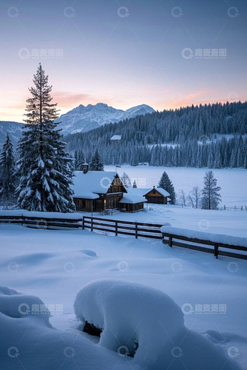 高清大图下载【趣麦麦图】雪中山间木屋冬日风景