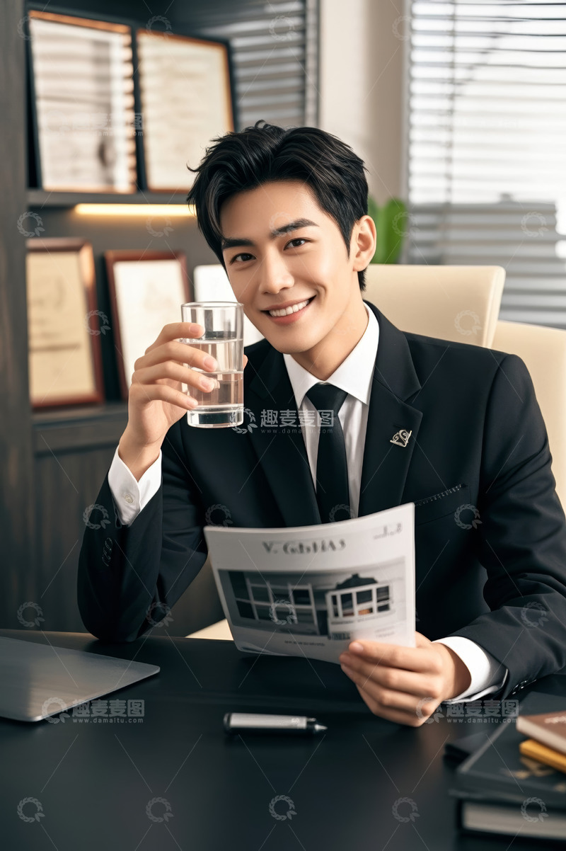 高清大图下载【趣麦麦图】商务男士办公时喝水看报