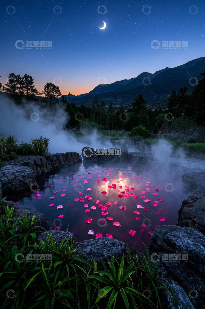 高清大图下载【趣麦麦图】月夜下玫瑰花瓣漂浮的温泉景观