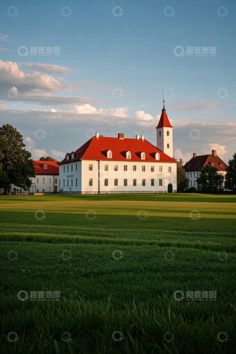 高清大图下载【趣麦麦图】欧式红顶白墙建筑与绿地景观