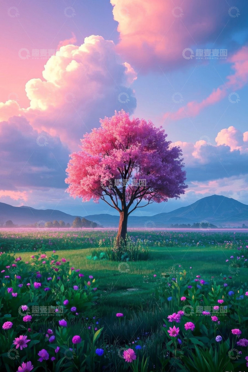 高清大图下载【趣麦麦图】田野中盛开的粉色树木风景