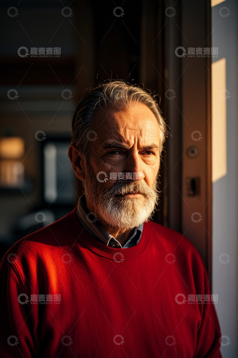 高清大图下载【趣麦麦图】室内老人穿红衣肖像