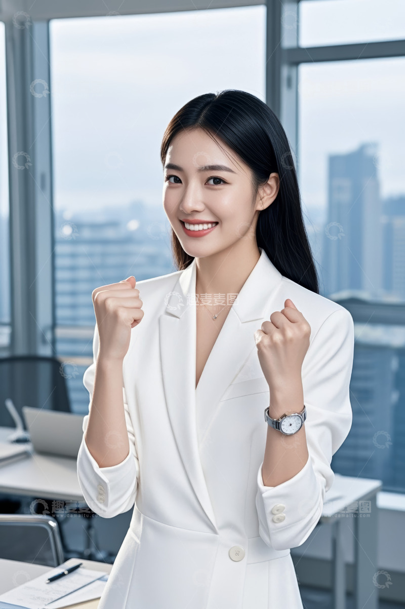 高清大图下载【趣麦麦图】办公室内青年女商务人士握拳