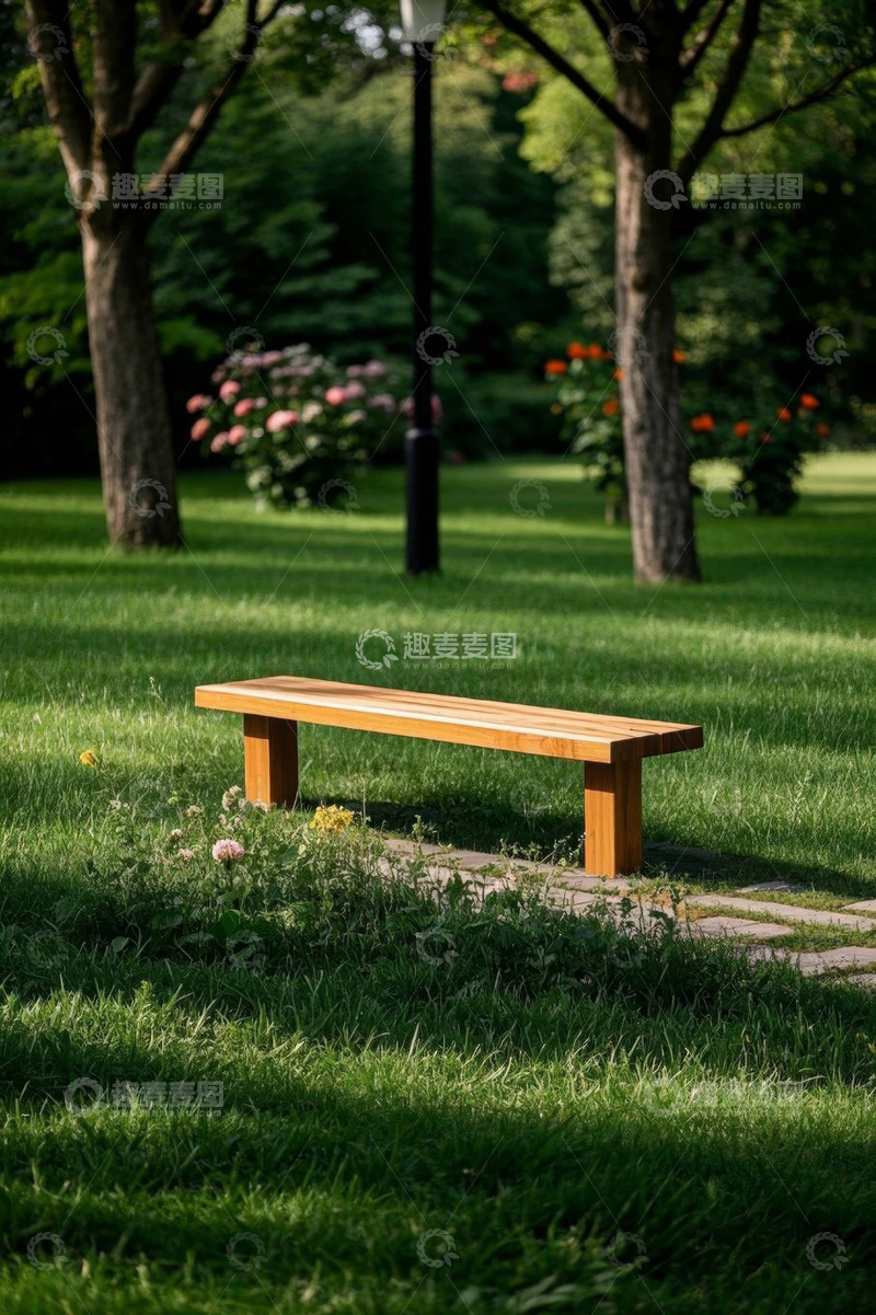 高清大图下载【趣麦麦图】公园草地中的木质长椅