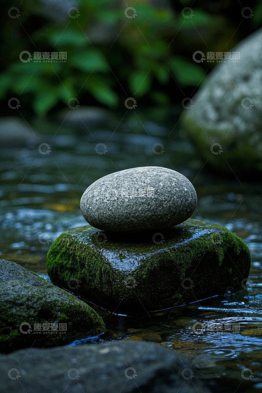 溪边青苔岩石与另石堆叠景象
