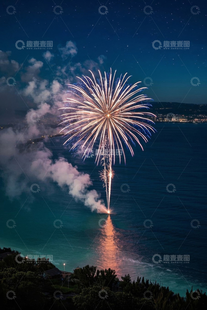 高清大图下载【趣麦麦图】海上夜空绽放的绚烂烟花